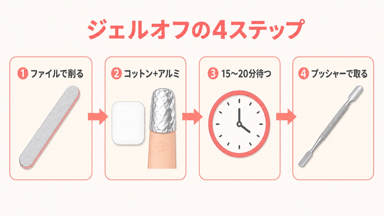ジェルネイルオフの4ステップ図解（ファイル→コットン+アルミ→待機→プッシャー）