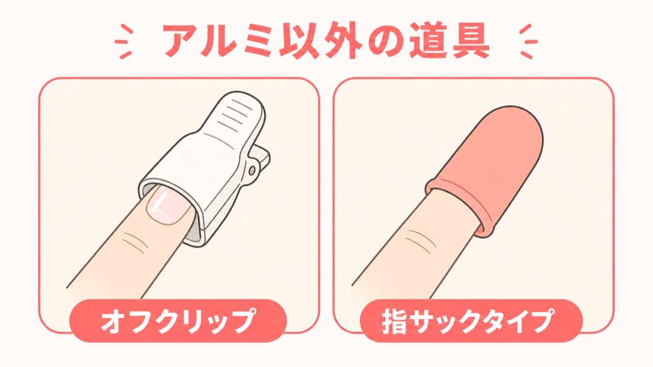 オフ用クリップ・指サックタイプの使い方イメージ図