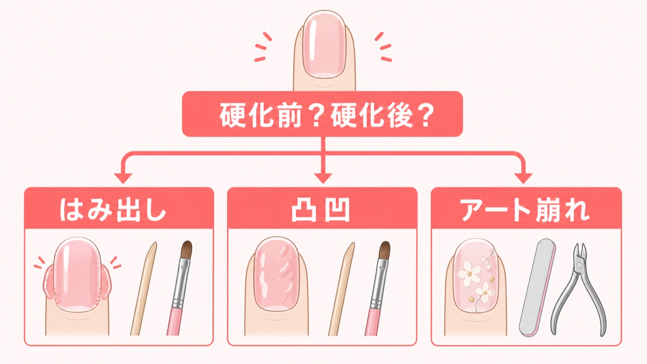 ジェルネイル失敗の状態別チェックフロー図(硬化前後・はみ出し・凸凹・アート崩れ)