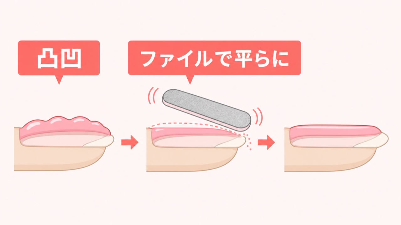 厚塗りジェルネイルの凸凹をファイルで削る手順の図解