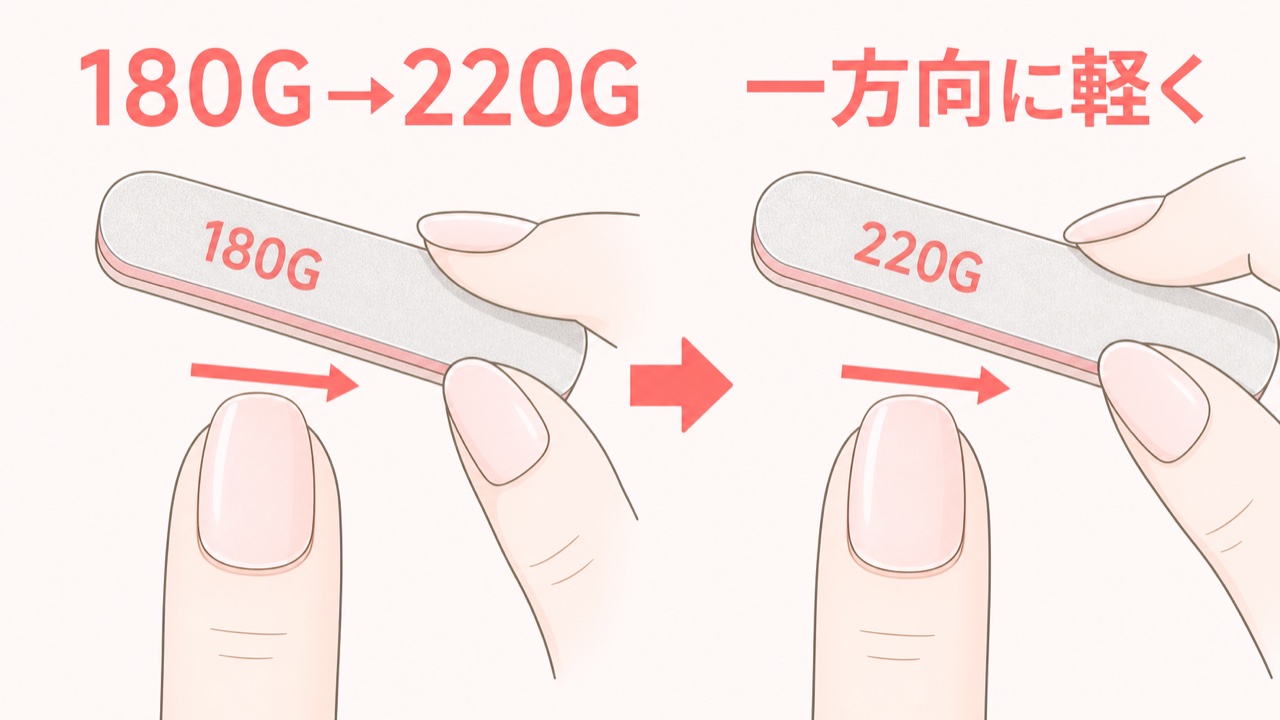 ジェルネイルオフ後のやすりのかけ方の図解（180G→220G）