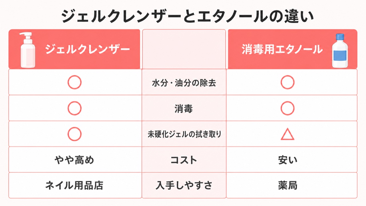 ジェルクレンザーとエタノールの違い比較図