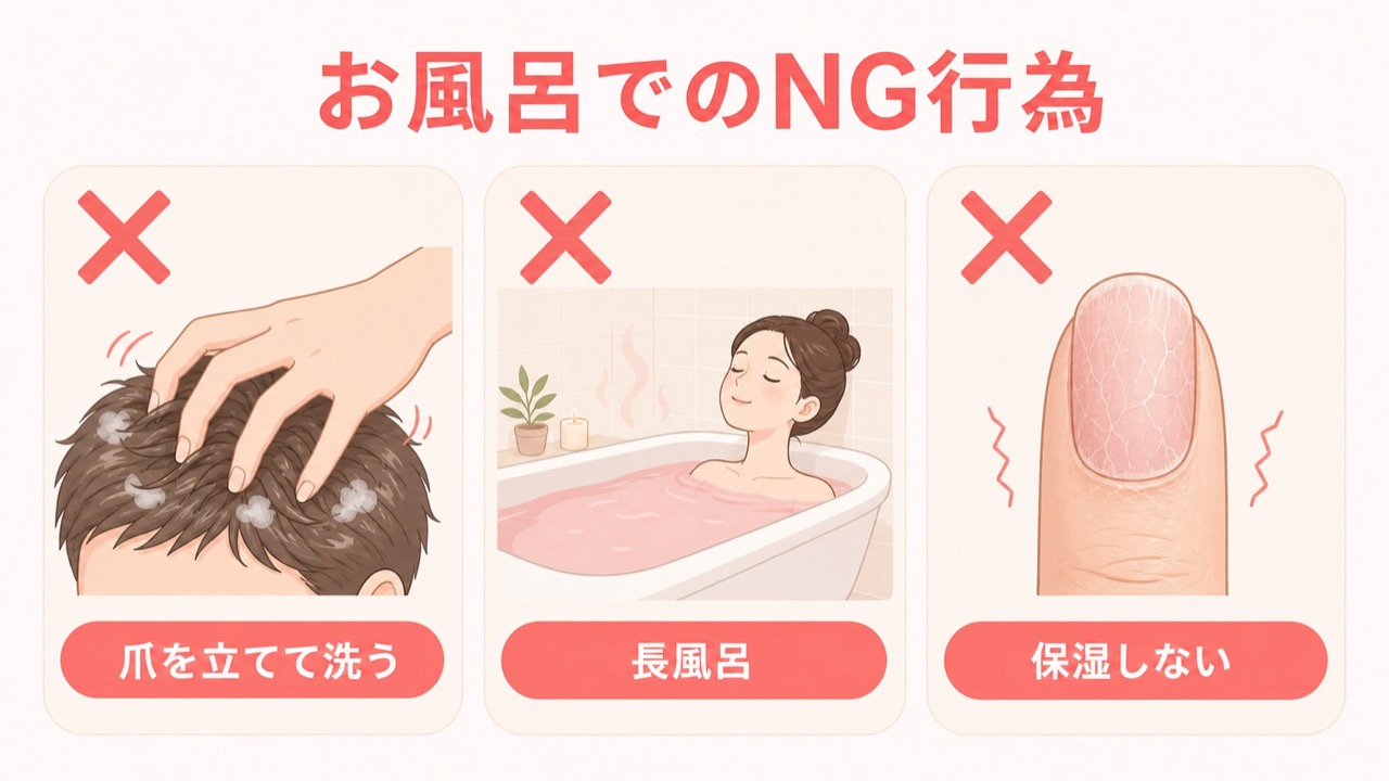 お風呂でのジェルネイルNG行為3つのイラスト