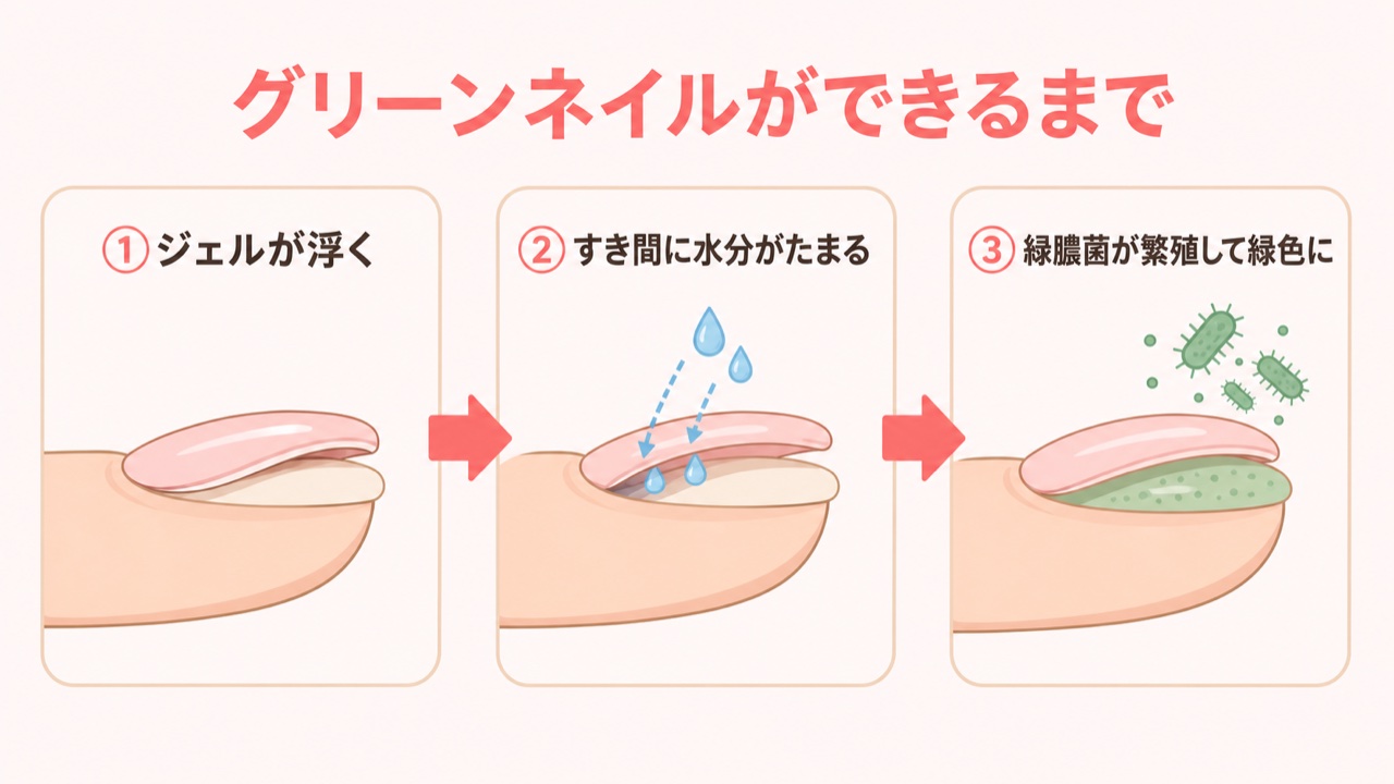 グリーンネイルができるまでの図解(ジェルの浮き・水分・緑膿菌の繁殖)