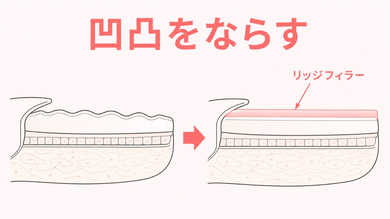 リッジフィラーで爪の凹凸を目立たなくする方法の図解