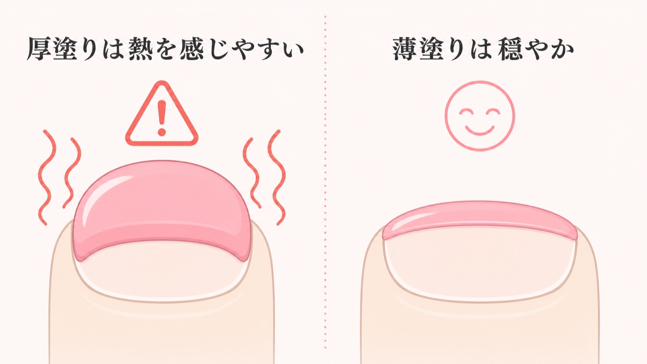 ジェルネイル硬化熱が起きやすい厚塗りと薄塗りの比較図
