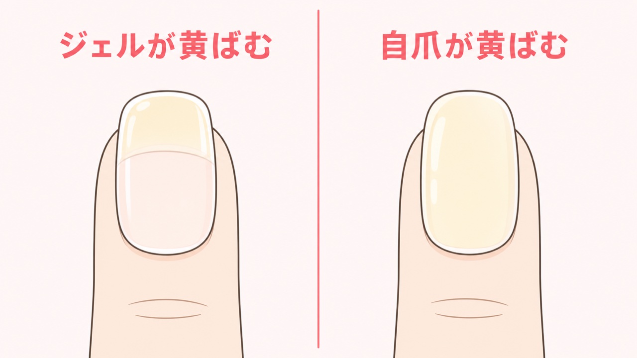 ジェルの黄ばみと自爪の黄ばみの違いを示す模式図