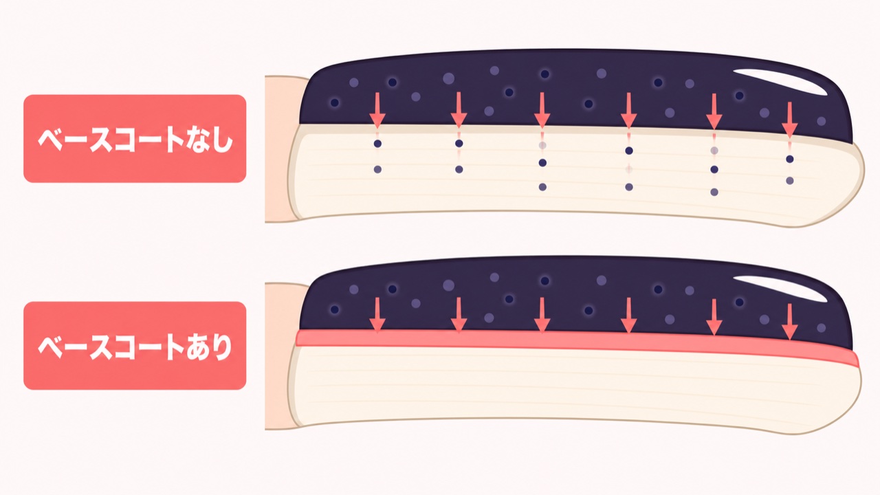 濃色ジェルの色素が自爪に沈着する仕組みの図解