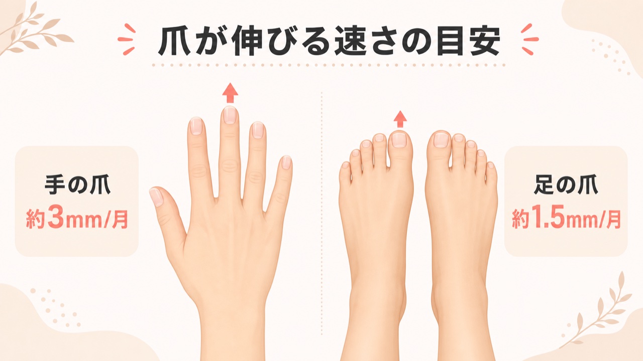 手の爪と足の爪の1ヶ月あたりの伸びる速さ比較図解
