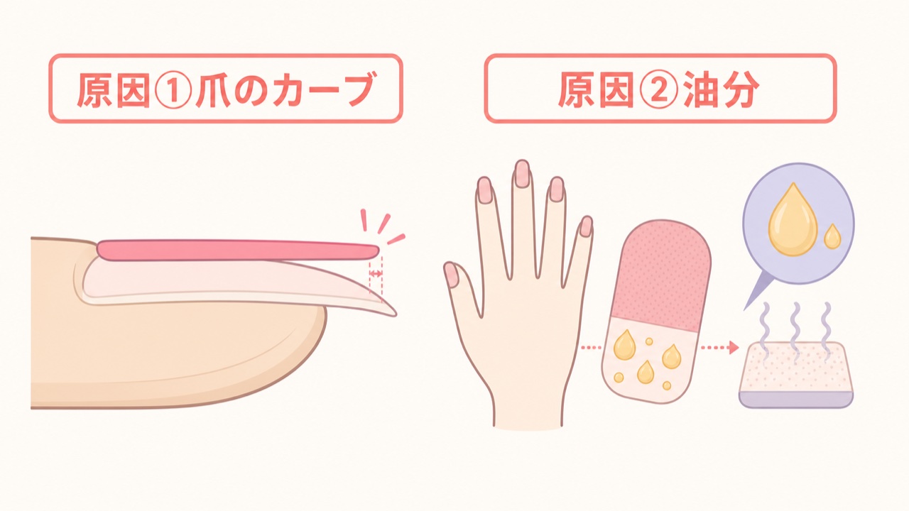 ネイルシールが浮く2つの原因(爪の曲面と油分)を示す図解