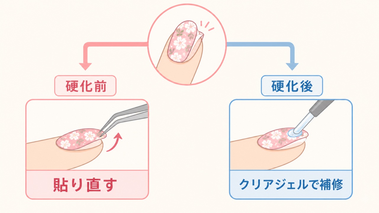 ネイルシールが浮いたときの直し方(硬化前・硬化後別)を示す図解