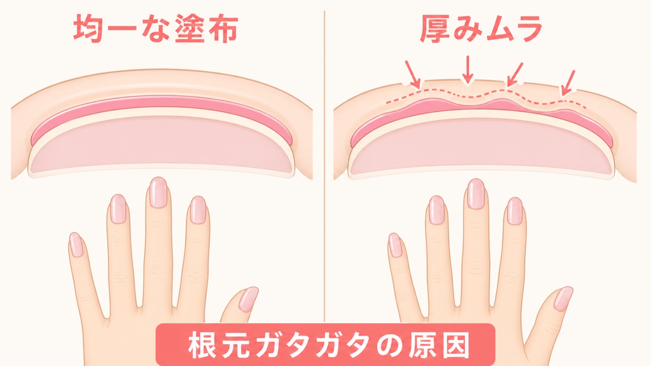 ベースジェルの厚みムラで根元がガタガタになる仕組みの図解