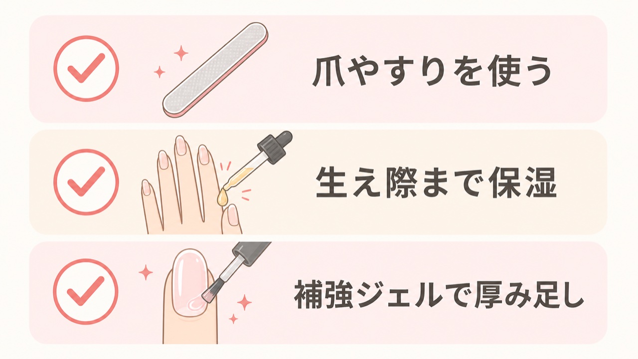 もともと爪が薄い人向け日常ケア3つのポイント図