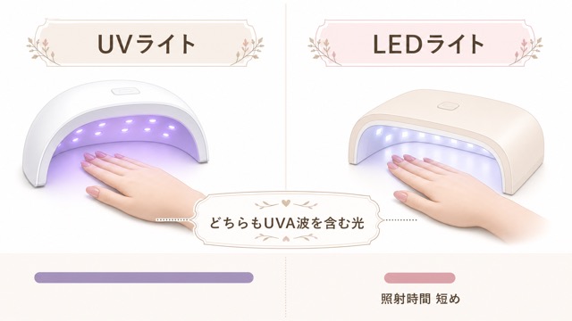 UVライトとLEDライトの照射時間の違いを示す図解