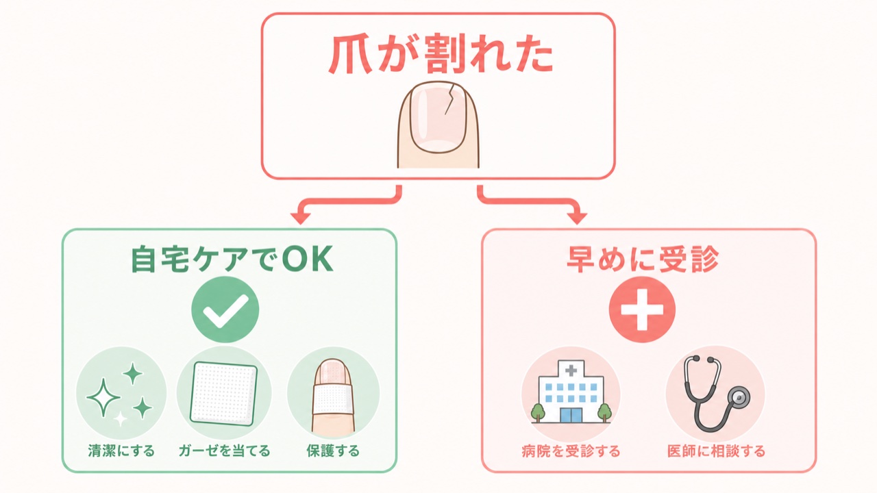 爪が割れて血が出た時の緊急チェックフローチャート(自宅ケアか受診か)