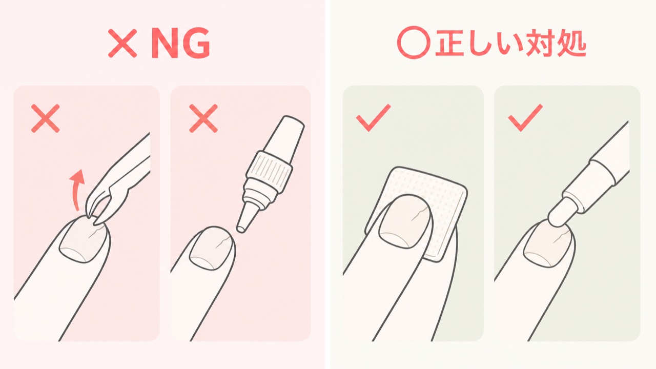 爪が割れたときのNG対処法と正しい応急処置の比較イラスト
