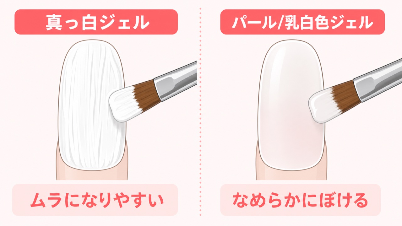 白グラデーションが難しい理由 真っ白ジェルと乳白色ジェルの比較図解