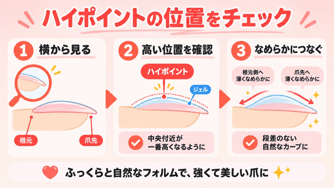 ジェルネイルのハイポイントの位置を示す断面図解