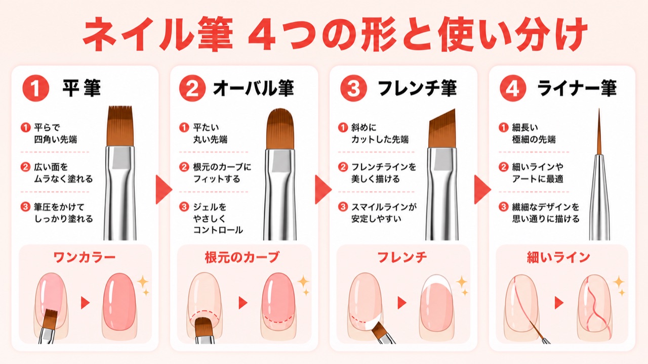ジェルネイル筆の形状比較（平筆・オーバル筆・フレンチ筆・ライナー筆）