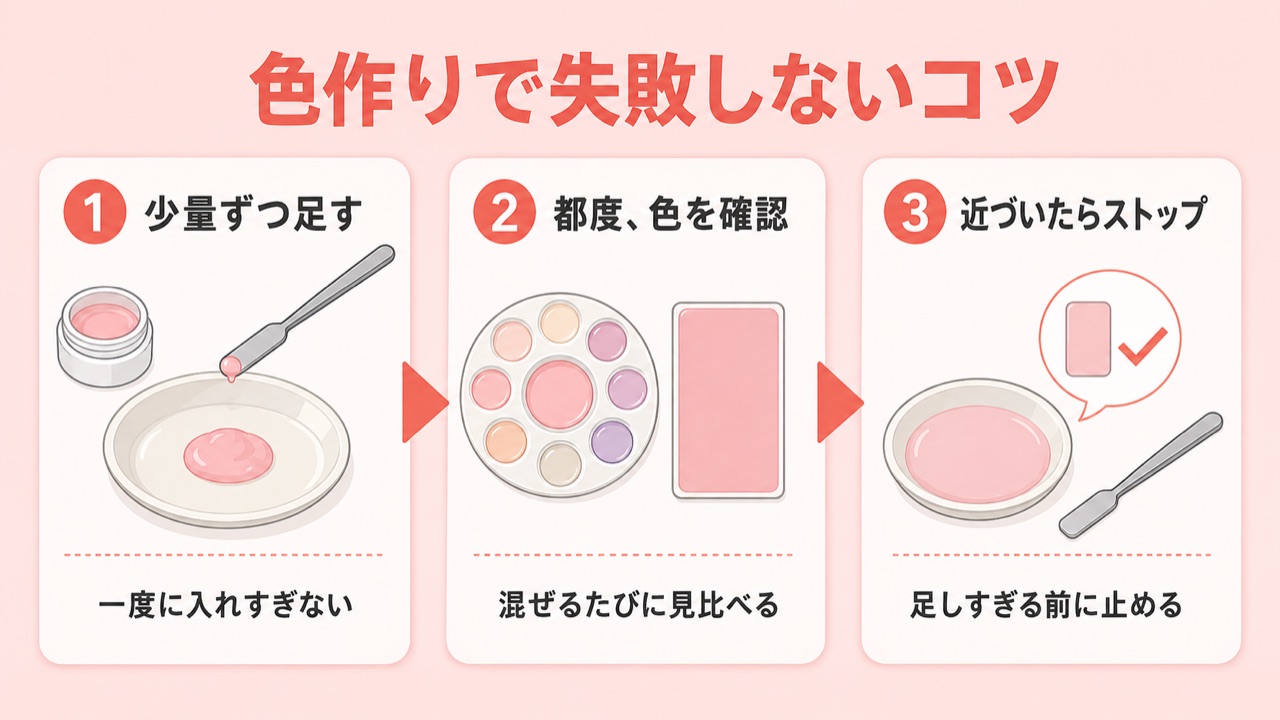 自作カラージェルの色作りで失敗しないためのコツの図解