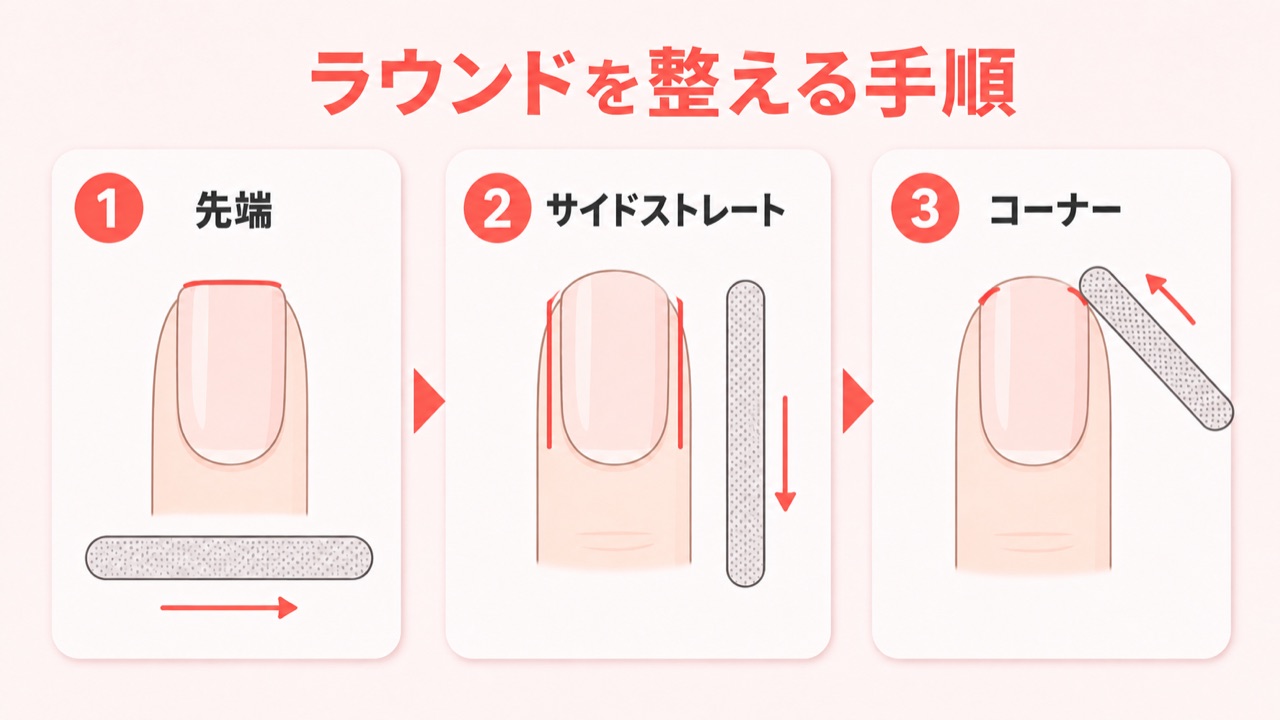 ネイル検定のラウンドファイリングの手順フロー図(先端→サイド→コーナー)