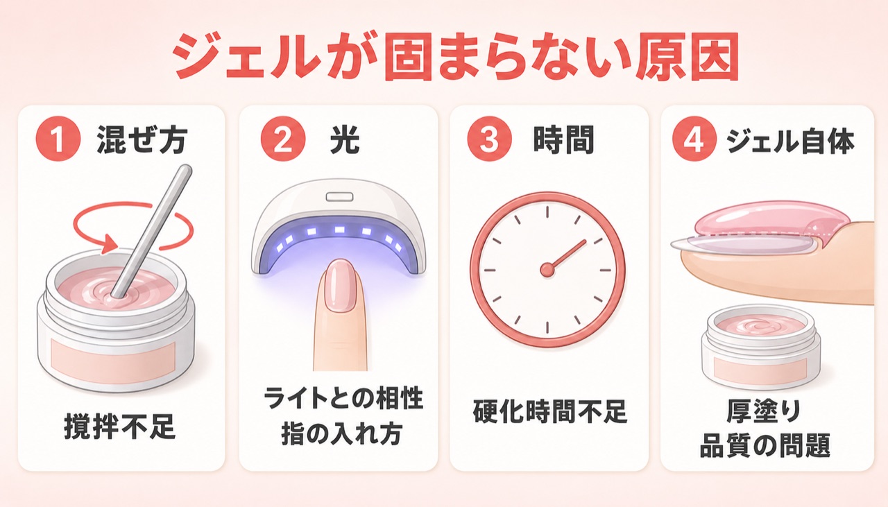 ジェルネイルが固まらない原因を4タイプに分類した図解
