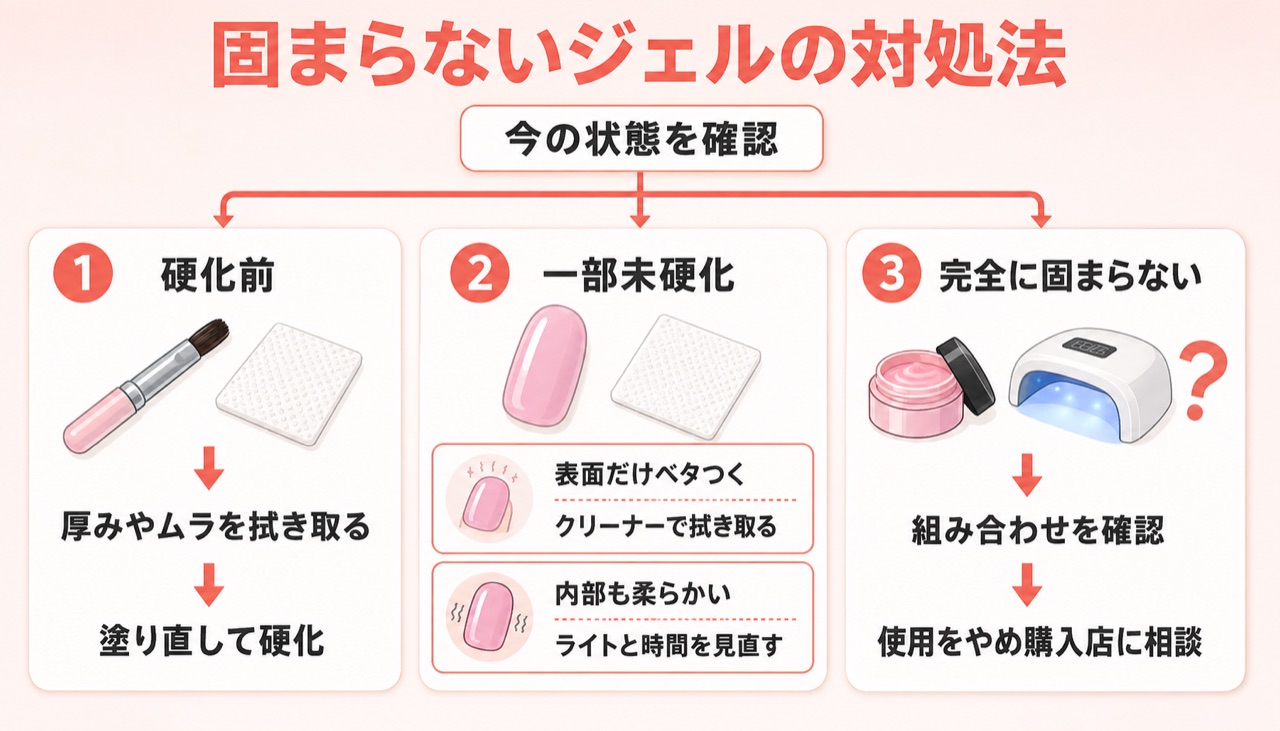 固まらないジェルネイルの状態別対処フローチャート