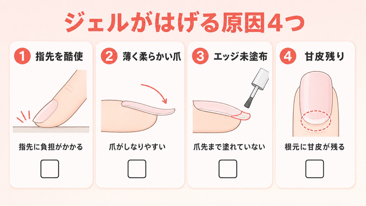 セルフジェルネイルがすぐはげる4つの原因チェックリスト