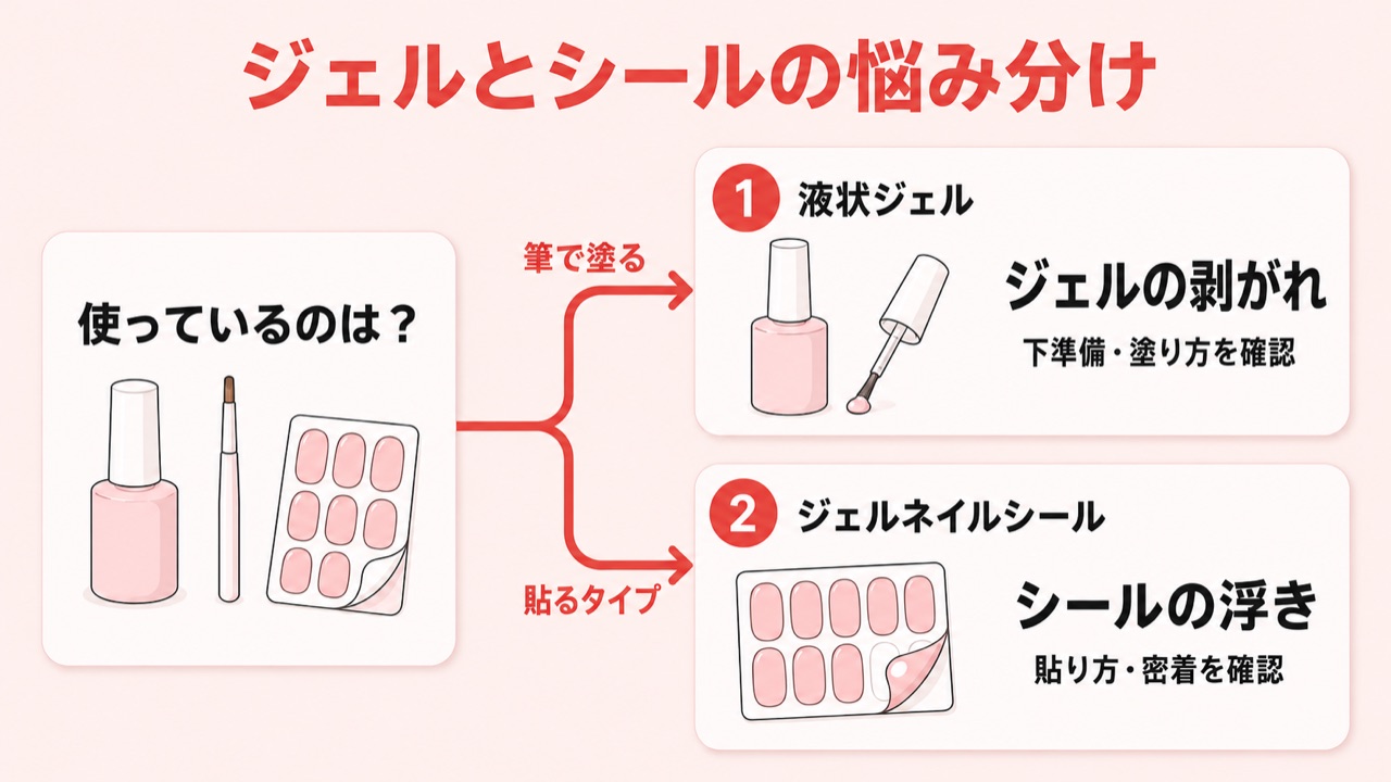 ジェルネイルがはげる場合とシールが浮く場合の見分け方フロー