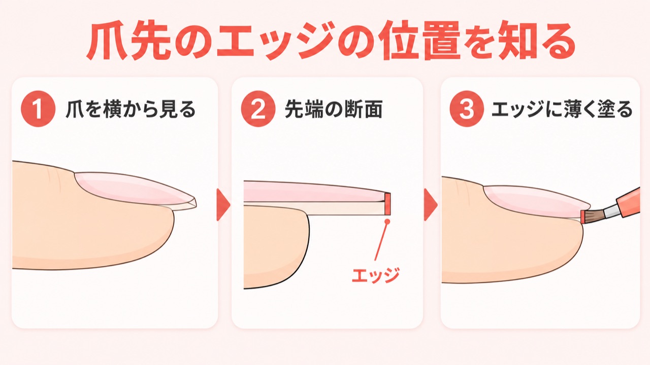 ジェルネイルのエッジ（爪先端）の位置を示す断面図解
