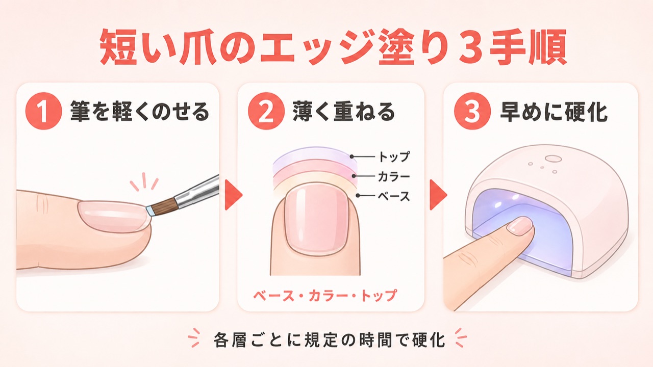 短い爪のジェルネイルでエッジを塗る手順フロー図
