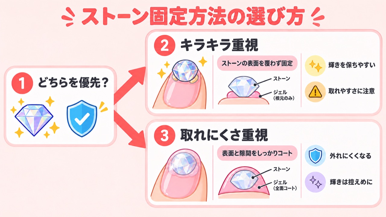 ストーン埋め込みでキラキラと取れにくさどちらを優先するか選ぶフローチャート