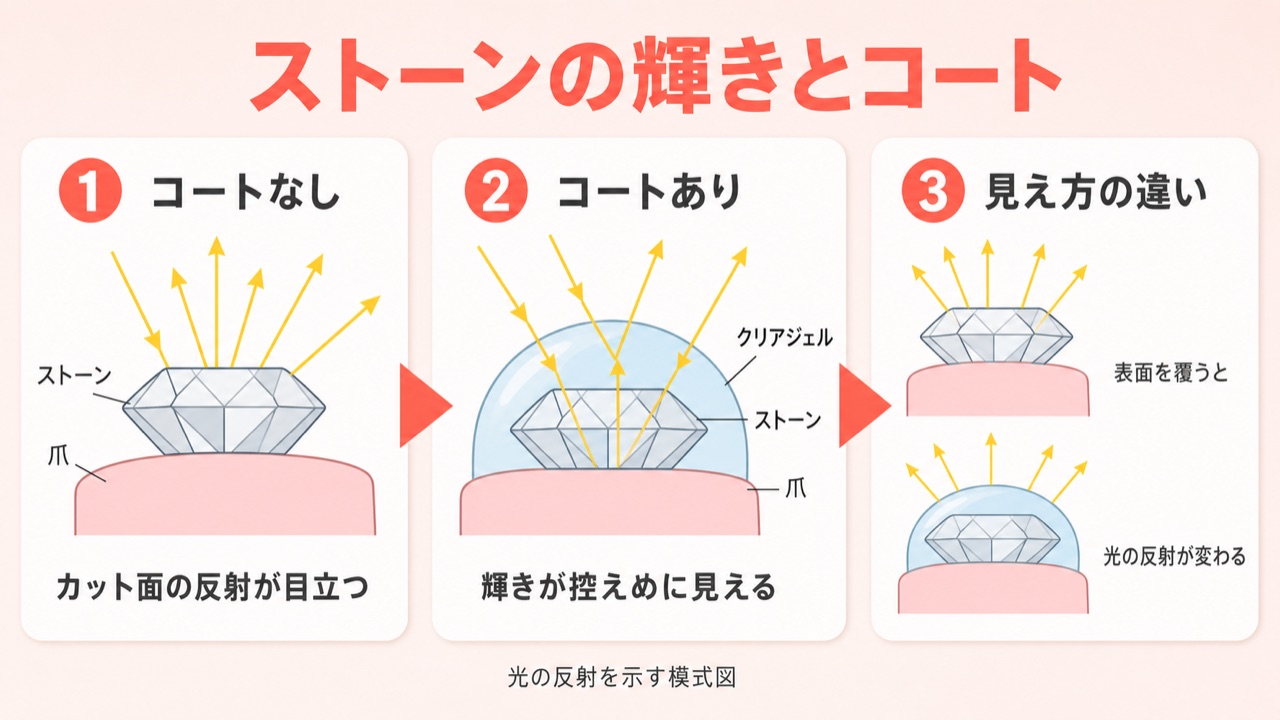 ジェルネイルのストーン埋め込みでキラキラが失われる仕組みの比較図解