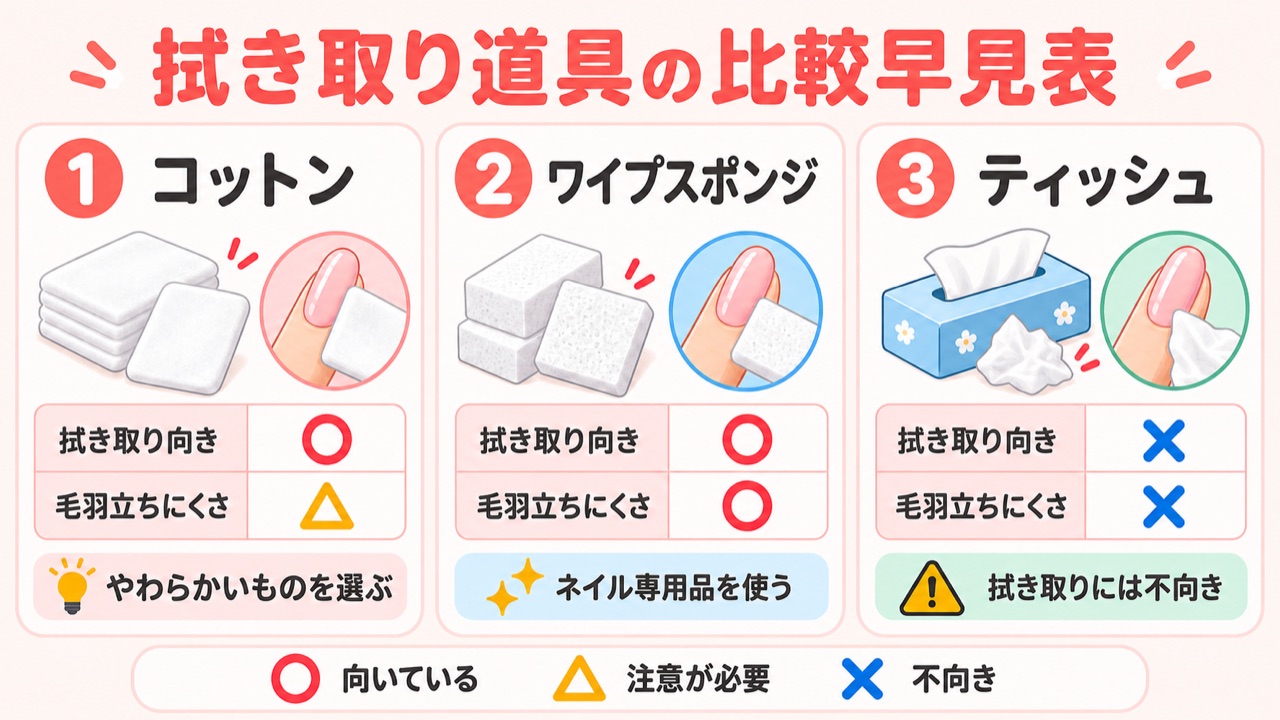 ジェルネイルワイプに使う道具（コットン・ワイプスポンジ）の比較チェック表