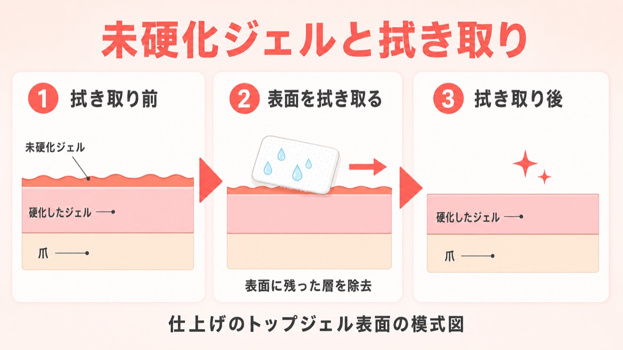 ジェルネイルの未硬化ジェル層とワイプ拭き取りの仕組み図解