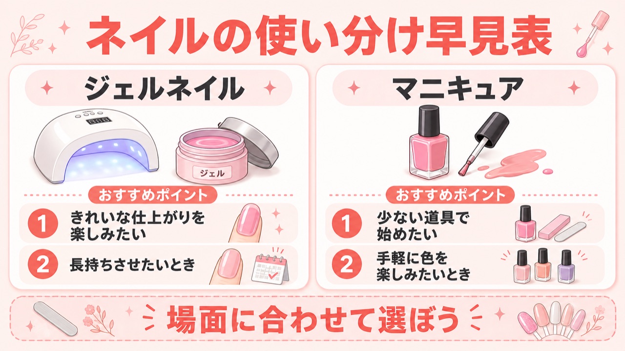 ジェルネイルとマニキュアの使い分け比較表