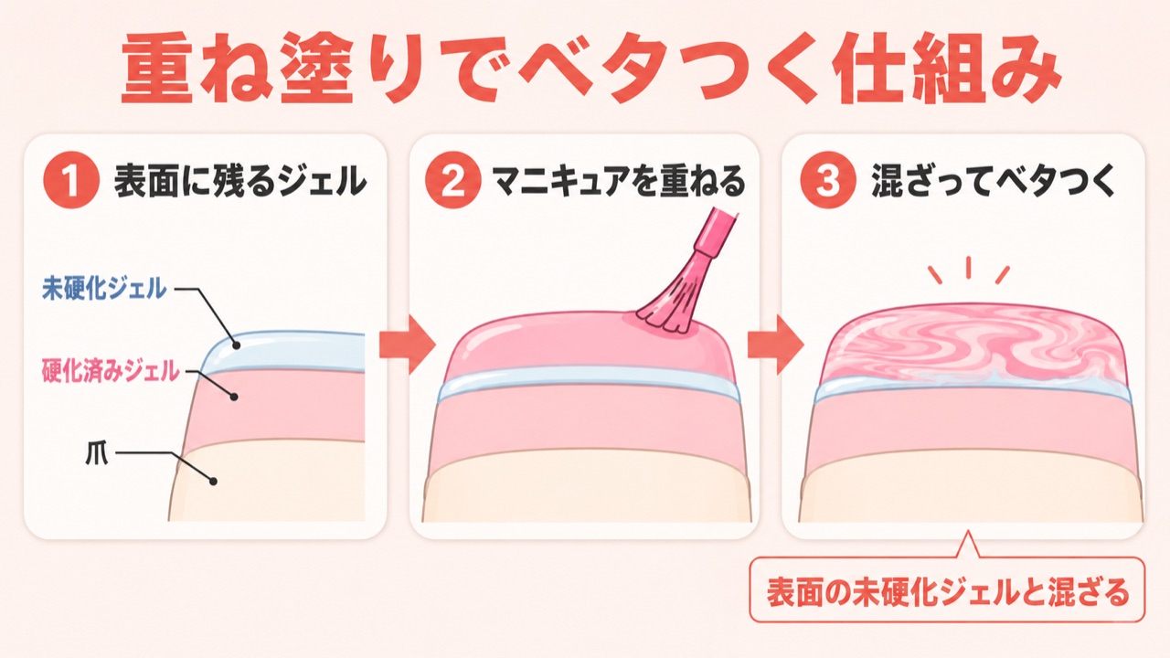 ジェルネイルとマニキュアを併用すると乾かない仕組みの図解