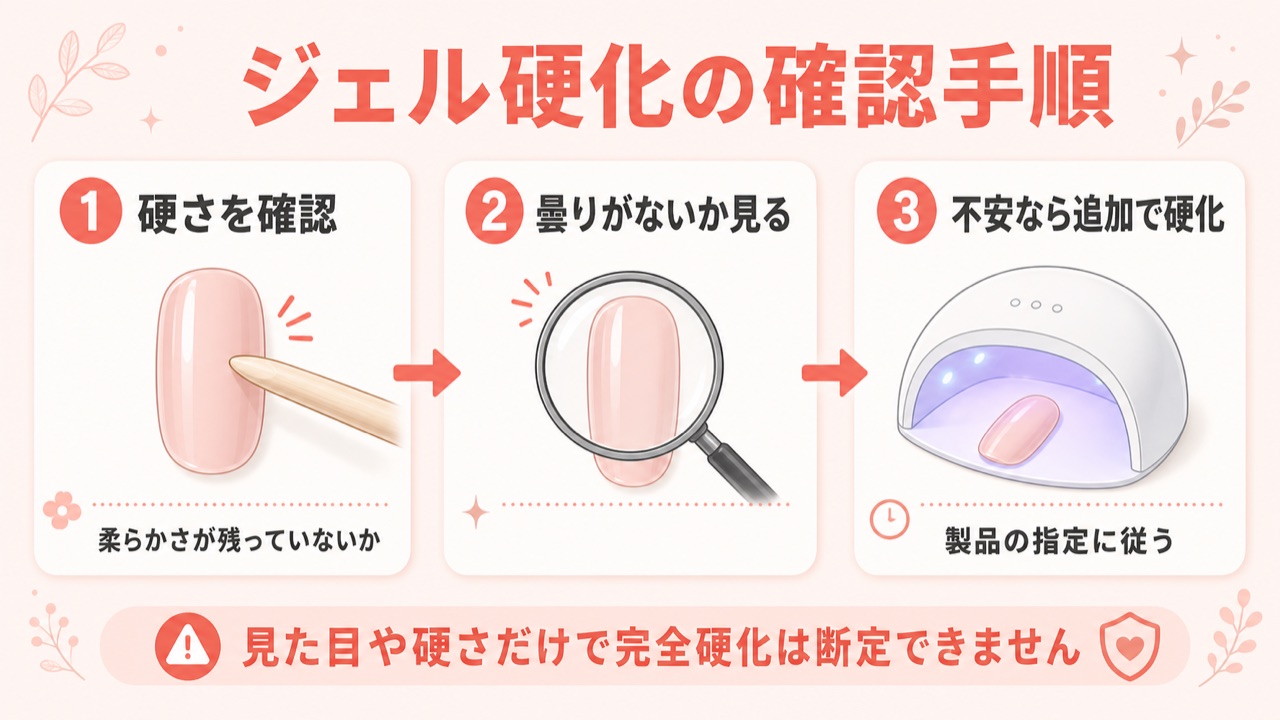 ジェルネイルの硬化を確認する手順フロー図