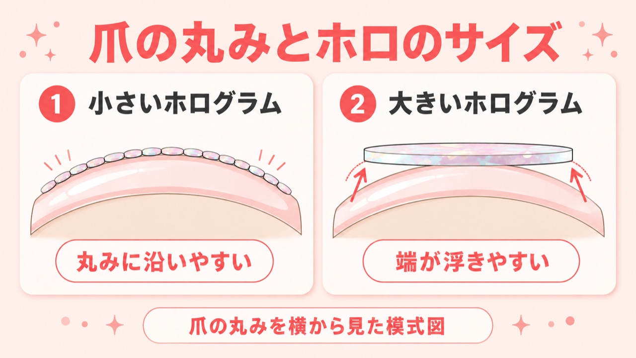 ホログラムのサイズと爪のCカーブの関係を示す図解