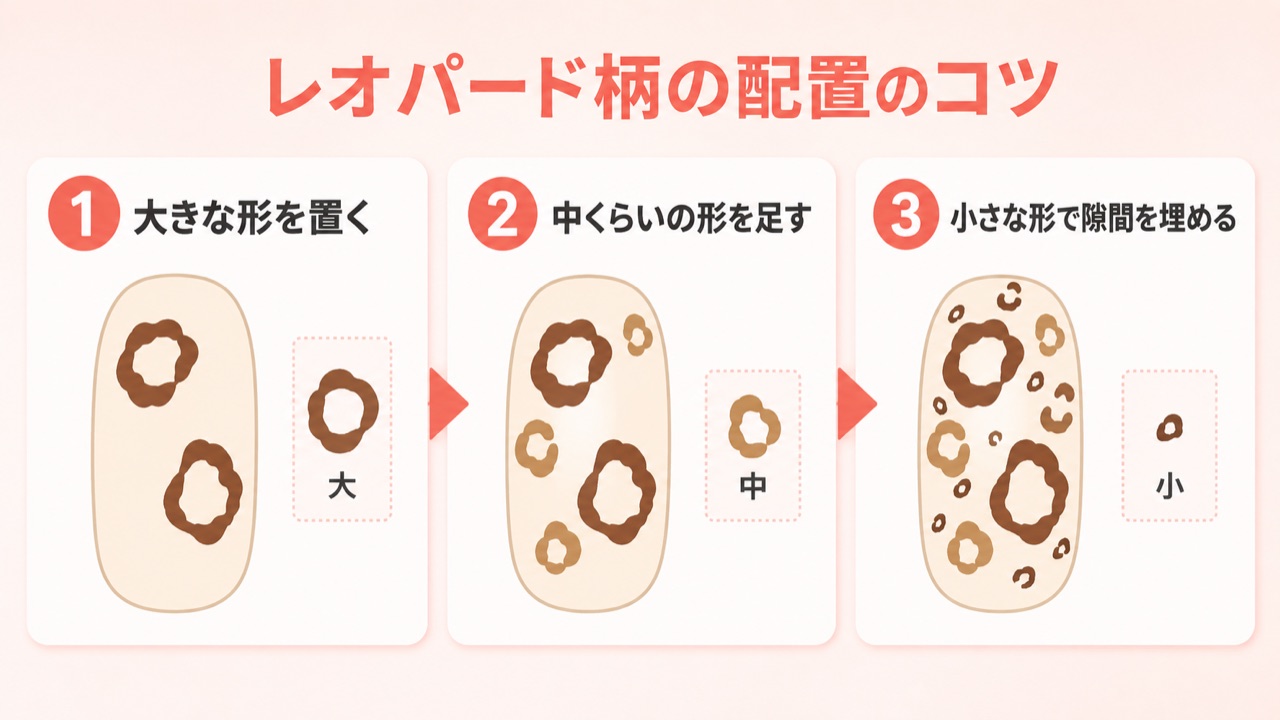 レオパードネイルのコツ 大中小3つの形の配置図解