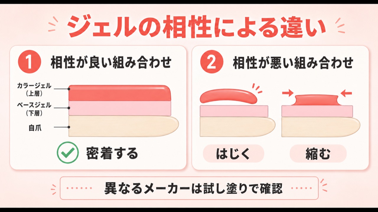 違うメーカーのジェルネイルの相性による違いの比較図解