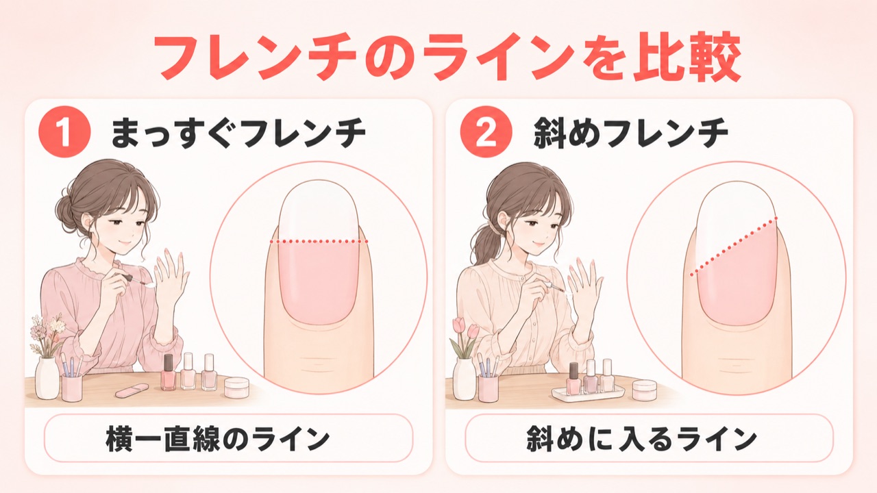 斜めフレンチとまっすぐフレンチの違いを示す比較イラスト