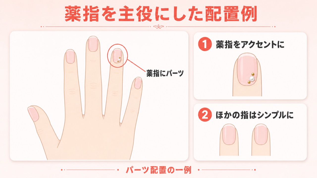 ネイルパーツをのせる指のバランス例を示したイラスト