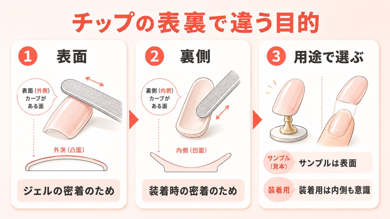 ネイルチップの表面と裏側のサンディングの違いを示す図解