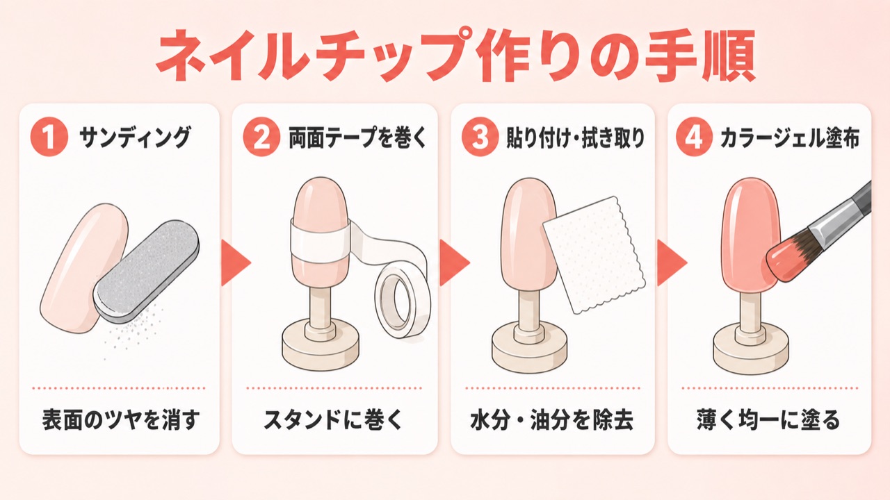 ネイルチップの作り方4ステップのフロー図解