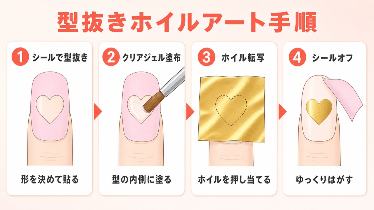型抜きシールを使ったホイルアートのやり方4ステップ図解