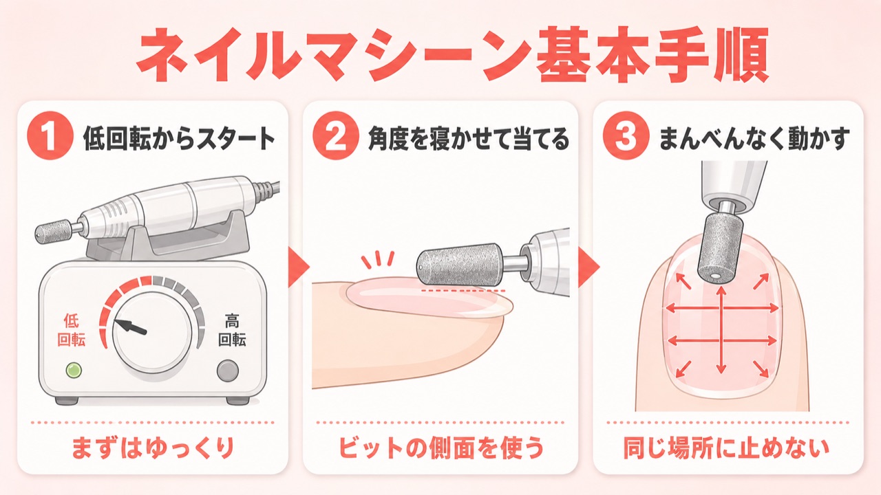 ネイルマシーンの使い方3ステップの流れを示す図解