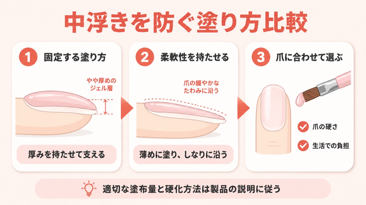 ジェルネイルの中浮き対策|固定する塗り方と柔軟性を持たせる塗り方の比較図