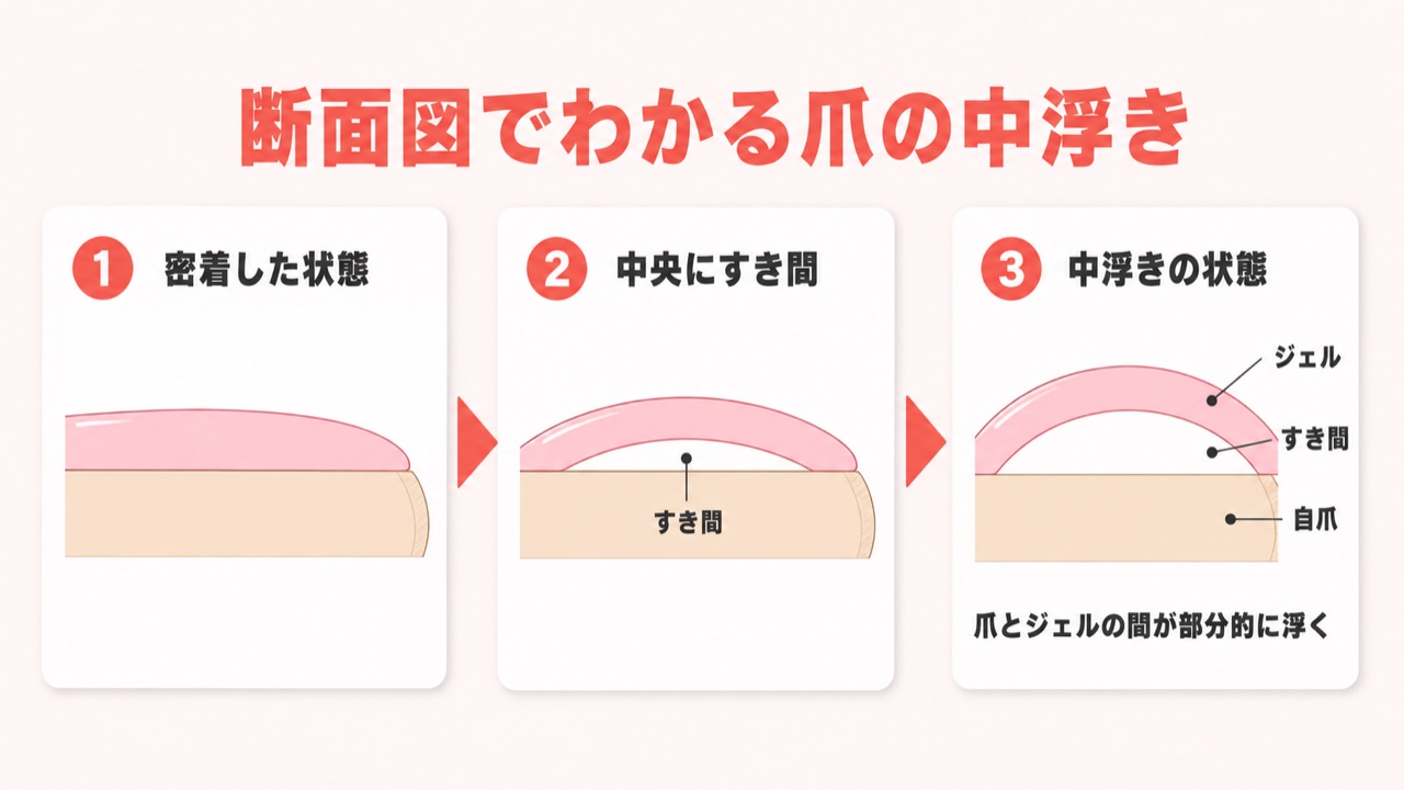ジェルネイルの中浮きが起きる仕組みを示す爪の断面図解