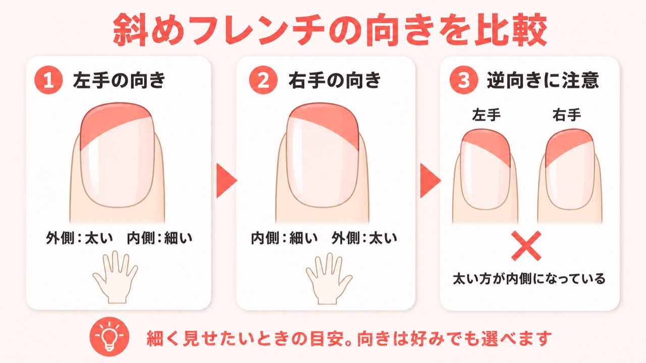斜めフレンチの正しい向きと間違った向きの比較図